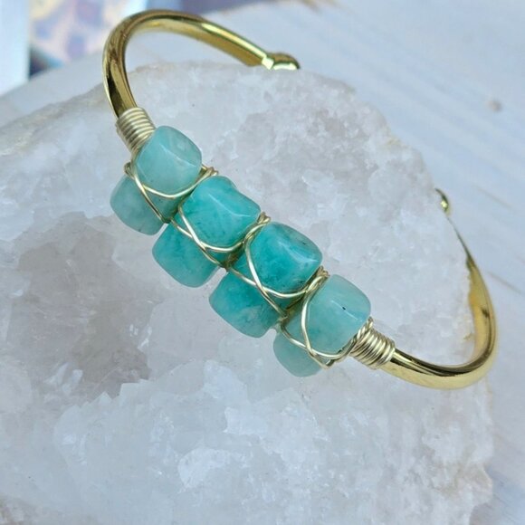 Amazonite Wire Wrap Cuff – 14Kt Gold Over Copper – Tranquility Talisman Handmade - Picture 1 of 10